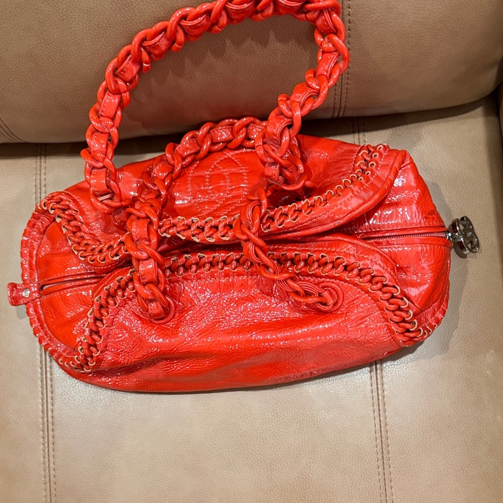 Chanel Plastic chain Vibrant Patent Red/Orange Bowling Shoulder Bag - Picture 2 of 5